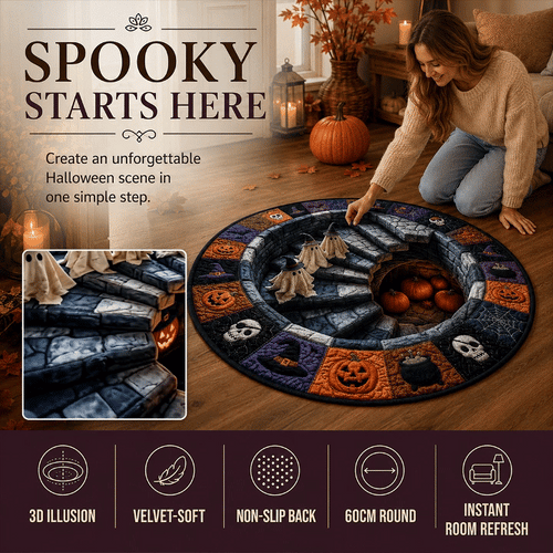 3D Haunted Stairway Round Halloween Rug