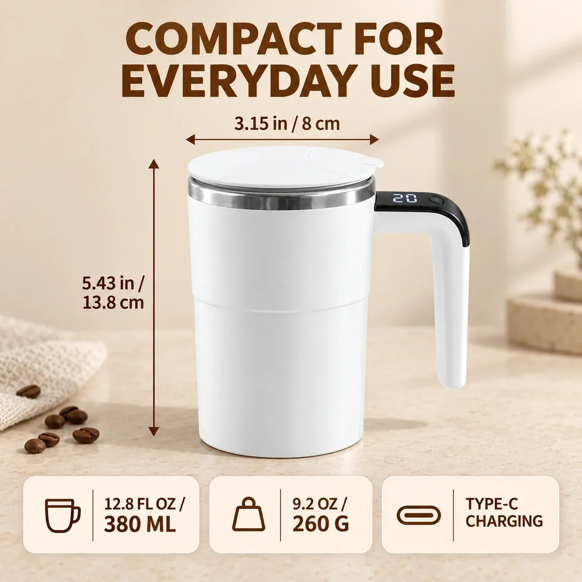 Rechargeable Self-Stirring Mug for Coffee and Everyday Drinks
