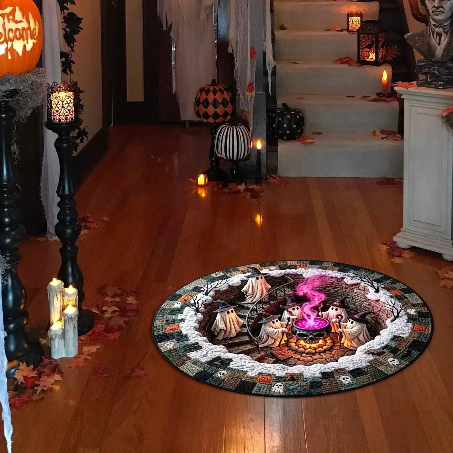 3D Haunted Stairway Round Halloween Rug