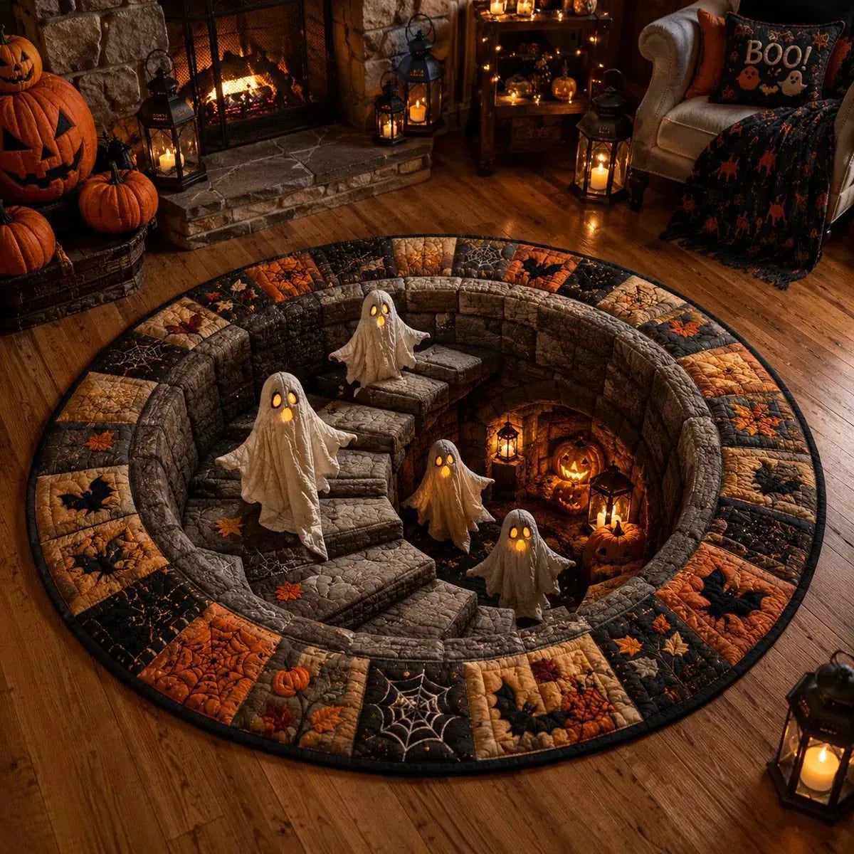 3D Haunted Stairway Round Halloween Rug - image 3