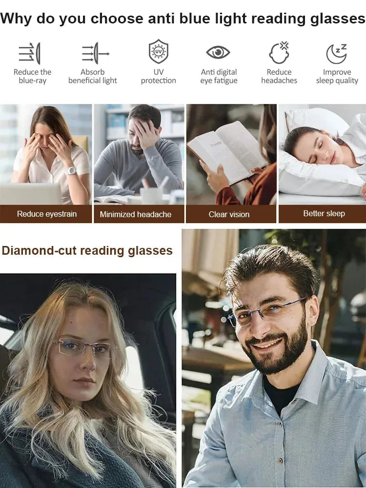 Diamond-cut frameless blue light blocking glasses